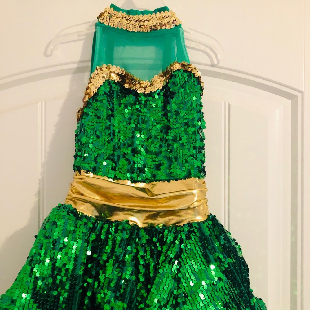 Green and Gold sequin girls Jazz dance costume